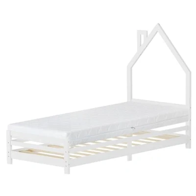 Afbeelding van Kinderbed huis 90x200 cm wit met matras H:16cm houten bed voor kinderen lattenbodem schoorsteen Design ML