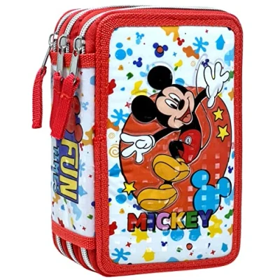 Afbeelding van Clondo etui met 3 vakken, 3D kinderen, jongens en meisjes, drievoudige vulling, 44 accessoires voor school, jongens, ritssluitingen, 20 cm, viltstiften, potloden, schrijfwaren, Mickey Muis,