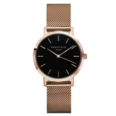 Afbeelding van Rosefield Dameshorloge The Tribeca: roségoud 33 mm, ronde behuizing met zwarte wijzerplaat en roségouden band TBR T59, &amp; mat zwart roségoud, klassiek, Rosegold Black Matte Rose Gold,