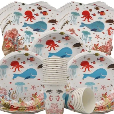 Afbeelding van Doyomtoy Ocean Sea 60 stuks dessertborden, servetten, verjaardagsdecoratie, oceaan, babyshower, kinderverjaardag, babyshower