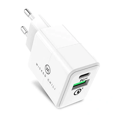 Afbeelding van Wicked Chili 20 W dubbele USB oplader met Quick Charge en C PD snellader compatibel iPhone 16, 15, 14, 13, 12, Xiaomi, LG, 3.0 &amp; QC Dual Port Charging Adapter, wit
