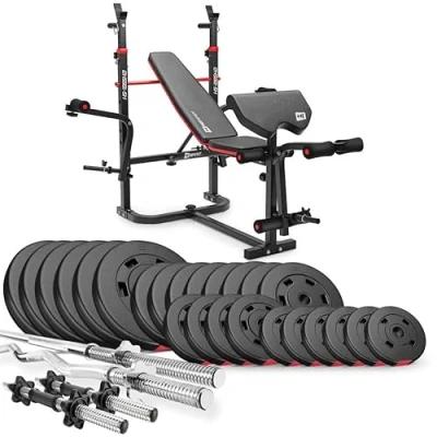 Afbeelding van Hop Sport Halterbank Krachtstation HS 1065 met Lange, Curl en Kort Halter, Gewichten 75 kg tot 173 (135 Lange Bar, Korte Bar)