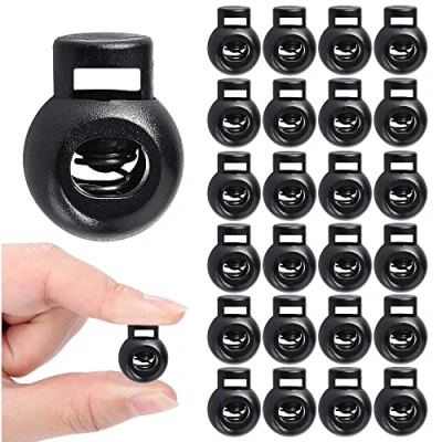 Afbeelding van 24 stuks ronde kunststof koordstoppers met één gat voor trekkoord, paracord, rugzak, knutselen, zwart, 16 x 20 mm, zwart.