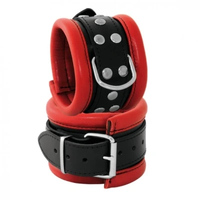 Afbeelding van Leren handboeien 6.5 cm breed gevoerd rood/zwart