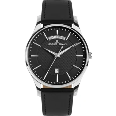 Afbeelding van JACQUES LEMANS 1 2193 London herenhorloge met leren band of metalen armband 40 mm datum van de week in verschillende varianten, Zwart / lederen