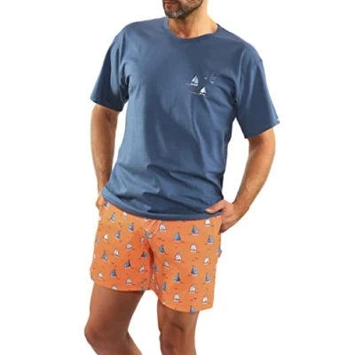 Afbeelding van Sesto Senso Pyjama voor heren, kort, katoen, T shirt, shorts, korte mouwen, zomer, shirt Denim met Zeilboot; Shorts Oranje Zeilboten