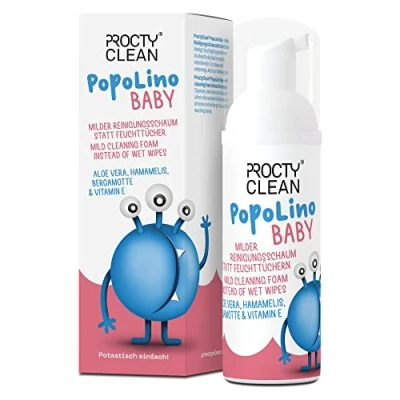 Afbeelding van ProctyClean PopoLino Baby Zacht reinigingsschuim in plaats van vochtige doekjes. Maakt billen en omgeving blij met aloë vera, hamameli, begamot vitamine E