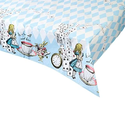 Afbeelding van Talking Tables 180 x 120 cm Alice in Wonderland blauw papieren tafelkleed, wegwerptafelkleed, recyclebare huishoudelijke benodigdheden voor gekke hoedenmaker thee, verjaardag, Moederdag