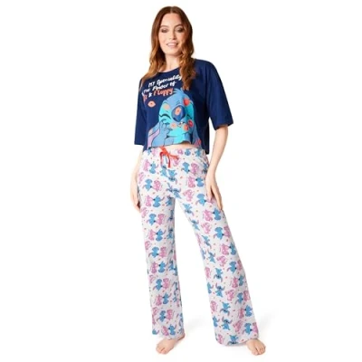 Afbeelding van Disney Damespyjama, pyjamaset voor dames, top, crop baggy en vloeiende onderkant, maten volwassenen, jongeren, S XL, Navy Stitch