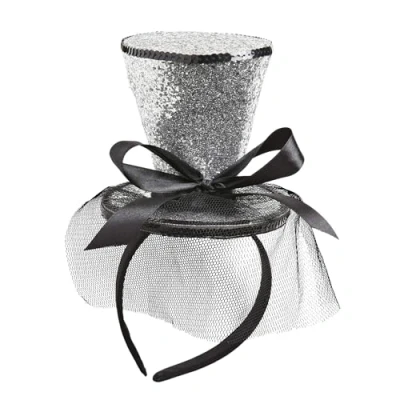 Afbeelding van Zilveren glitter mini top hoed op hoofd band met strik en waaier