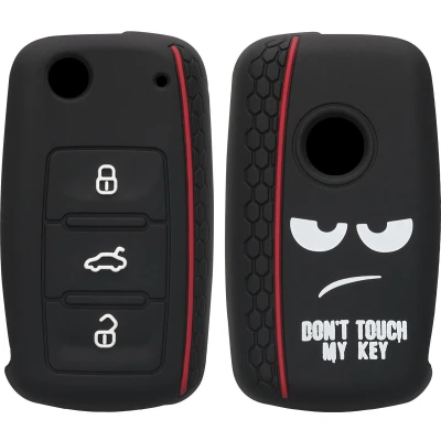 Afbeelding van kwmobile Autosleutel hoesje geschikt voor VW Skoda Seat 3 knops behuizing in wit / zwart rood Don&#039;t Touch My Key design
