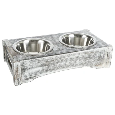 Afbeelding van Trixie Voer En Waterbak Set Hout Wit Hondenvoerbak Ø10x42x22x10 cm