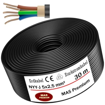Afbeelding van MAS Premium® Aardingskabel voor elektrische stroomvoorziening standaard van het Duitse merk, ring installatie in de grond en buiten, Made Germany (NYY J 5 x 2,5 mm², 30 m)