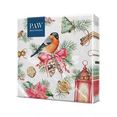 Afbeelding van PAW papieren servet 3 laags (33 x 33 cm) I 20 stuks met motief Kerstmis, winter, goudvink en lantaarn ideaal voor Kerstmis (Goudvink lampion)