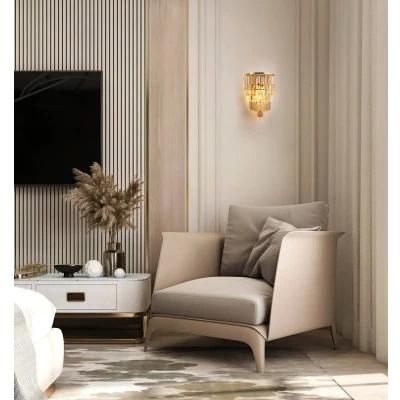 Afbeelding van Empire wandlamp, messing/amber, kristalglas, staal, IP44