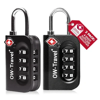 Afbeelding van OW Travel TSA hangslot voor koffers. 4 cijferig bagage kluisje opslag tent camping bagagecombinatie USA. Accessoires vliegtuigreizen: Bagageslot 007