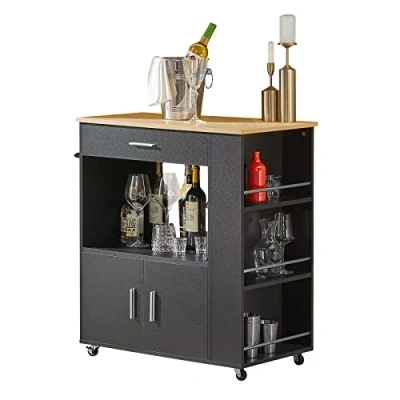 Afbeelding van SoBuy Rolwagen keukenwagen met wieltjes, multifunctioneel dressoir zijplank, deuren, laden, theedoekhouder, 82 x 46 88 cm, zwart, FKW113 SCH