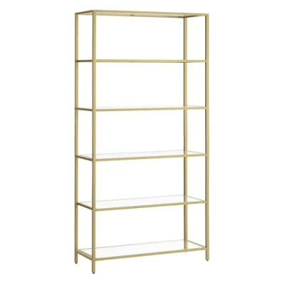 Afbeelding van VASAGLE Rek met 6 planken, badkamerrek, gehard glas, eenvoudige montage, voor badkamer, woonkamer, keuken, kantoor, metallic goud transparant