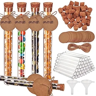 Afbeelding van Faburo 40 stuks reageerbuisjes van transparant kunststof (150 x 16 mm) 20 ml met stop hangers kraftpapier 10 m henneptouw 2 trechters
