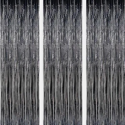 Afbeelding van AILEXI 3 stuks metalen gordijnen, glinsterend, franjes, prachtig gordijn, deur, raam, decoratie voor verjaardag, bruiloftsfeestaccessoires, 92 x 245 cm, zwart
