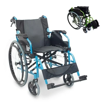 Afbeelding van Mobiclinic Bolonia Rolstoel Aluminium Lichtgewicht Voor volwassenen Afneembare voetsteunen Zitje Othopedisch ouderen Opvouwbaar Blauw