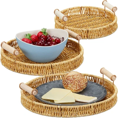 Afbeelding van Relaxdays dienblad gevlochten set van 3 zeegras rond serveerblad met handgrepen
