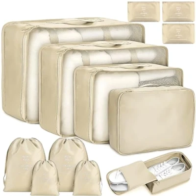 Afbeelding van LPAOIS 12 stuks reisorganizer, opbergzakken voor koffer, bagage, kubussen, waterdicht, reistassen, opslag, opbergkubussen, reisaccessoires kleding en cosmetica (beige)