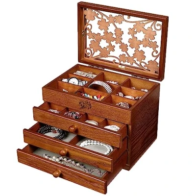 Afbeelding van Changsuo Sieradenkistje van hout voor dames met laden, organizer het opbergen sieraden, middelgroot