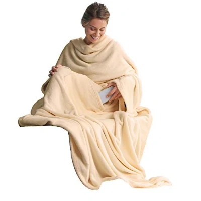 Afbeelding van CelinaTex TV deken met Mouwen en Voetenzak, Zachte Deken, 150 x 180 cm, Beige, Microvezel, Fleece, Oeko Tex