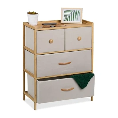 Afbeelding van Relaxdays ladekast dressoir opbergkastje bijzetkast hal 4 lades bamboe stof beige