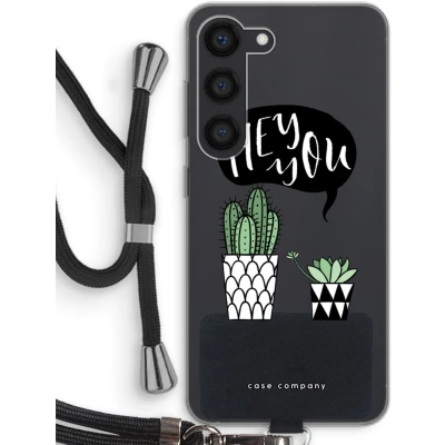 Afbeelding van Case Company® hoesje met Koord geschikt voor Samsung Galaxy S23 Hey you cactus Telefoonhoesje Zwart Bescherming aan alle Kanten en Over de Schermrand