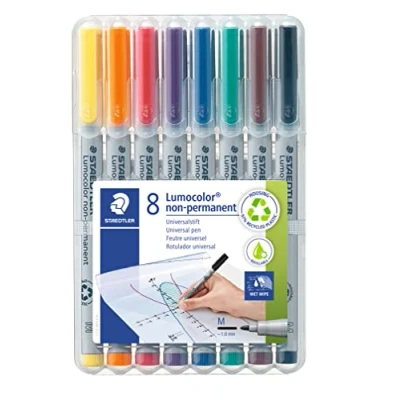 Afbeelding van Staedtler Lumocolor 315 WP8 viltstift met gemiddelde punt voor alle oppervlakken, xyleen en tolueen, set 8 heldere kleuren, ronde 1,0 mm,