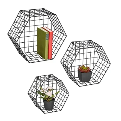 Afbeelding van Relaxdays wandrek metaal zwart hangrek in set van 3 hangend rek industrieel hexagon
