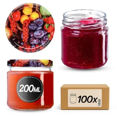 Afbeelding van KADAX Kleine weckpotten, 200 ml, jampotten, FI66 mm, mini honing en kruidenweckpotten, luchtdichte ronde potten (100 stuks, fruit)