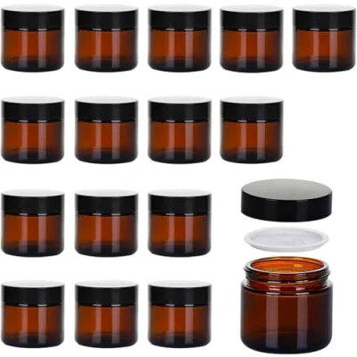 Afbeelding van volila 16 stuks Amber Glazen Potten 60 ml Reiscosmetica Containers met UV bescherming Kleine Witte Deksel Inzetstukken, Doorzichtige Spatels en Zwarte Schroefdoppen