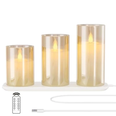 Afbeelding van EXTSUD Set van 3 vlamloze flikkerende led kaarsen met laadstation en afstandsbediening, glas, oplaadbaar, timerfunctie, romantische theelichtkaarsen