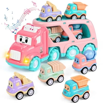 Afbeelding van Weinsamkeit Speelgoedvrachtwagen voor kinderen met geluiden en verlichting, 5 in 1 vrachtwagenmachines kinderen, 4 mini auto&#039;s, vrachtwagens, speelgoed, cadeau jongens,