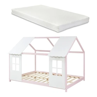 Afbeelding van Kinderbed Tostedt huisbed met matras 120x200 cm roze en wit [en.casa]
