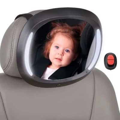 Afbeelding van Autospiegel voor baby&#039;s met onbreekbaar Interbaby ledlicht, 360 graden draaibaar, universele pasvorm, eenvoudige installatie, afstandsbediening, zwart