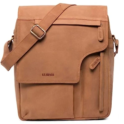Afbeelding van LEABAGS Leren schoudertas voor dames en heren, laptoptas van echt leer tot 13 inch, messenger bag met schouderriem, werktas, draagtas handtas, Natuurlijk lichtbruin