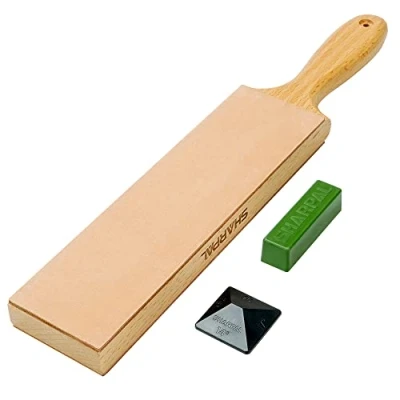 Afbeelding van SHARPAL 205H Dubbelzijdige zeemleren set (330 x 60 mm) met 53 g polijstpasta en hoekgeleider, zeemblok voor het slijpen polijsten van messen, professionele messenslijper