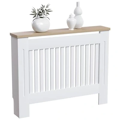 Afbeelding van Vida Designs Arlington Moderne radiatorbekleding van MDF wit gelakt, latten, rooster, bovenste plank hout, maat XL (h: 83,3 x b: 111 d: 19 cm).