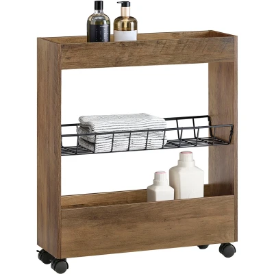Afbeelding van SoBuy BZR46 W Mobiele opbergwagen op 3 niveaus, nestrek met wielen van hout en metaal, multifunctionele opbergkast voor keuken, badkamer, 60 x 20 70 cm