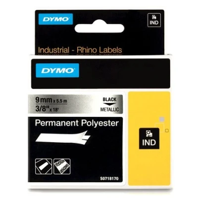 Image de DYMO Rhino Étiquettes Industrielles Autocollantes en Polyester, 9mm x 5.5m, Noir sur Métallique