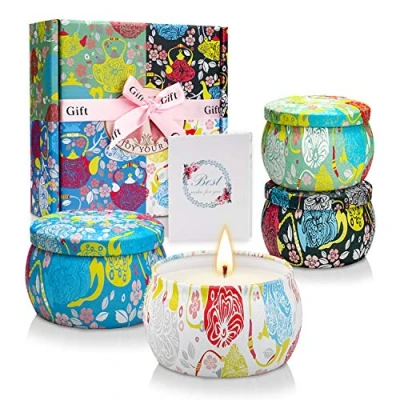 Afbeelding van YMing 4 stuks geurkaarsen voor dames, aromatherapie kaarsen thuis, 120 uur branden, draagbare sojawas, ideale geschenkdoos verjaardag, Valentijnsdag, Moederdag