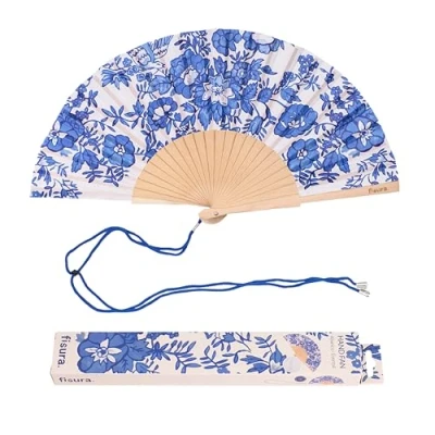 Afbeelding van Fisura bloemen, blauw en wit, standaard waaier voor dames, één maat, Blauwe witte Eén maat