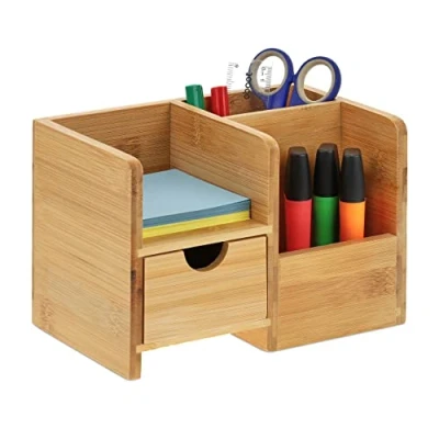 Afbeelding van Relaxdays bureau organizer pennenbak accessoire bamboe met lade