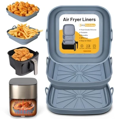 Afbeelding van Alyvisun 3 stuks opvouwbare siliconen herbruikbare airfryer voeringen voor airfryer, magnetron, oven, grijs