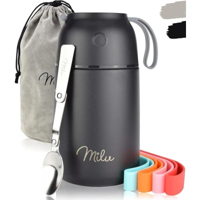 Afbeelding van Logeeyar Thermo voedselcontainer, geïsoleerd, 450 ml 650 800 warme maaltijd, van roestvrij staal, dubbellaags, voor school, kantoor met een opvouwbare lepel (650ml/zwart)
