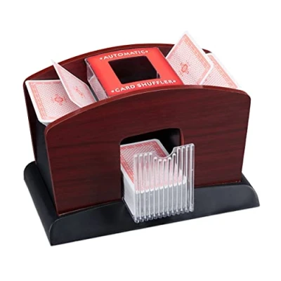 Afbeelding van Relaxdays, elektrische kaartmixer zwart bruin, hout, 4 sets, mixer voor mixkaarten, standaard